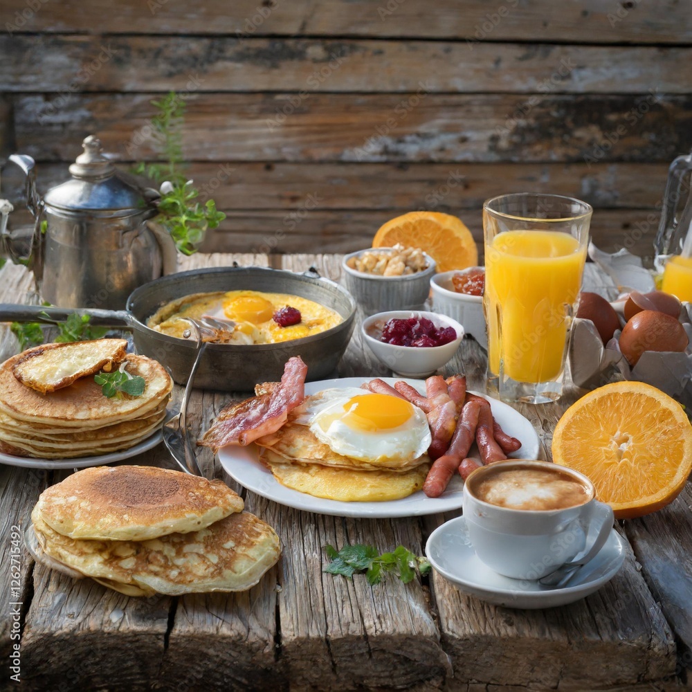 A rustic wooden table filled with a hearty breakfast spread including pancakes, scrambled eggs, bacon, and fresh orange juice. A rustic wooden table filled with a hearty breakfast spread including pancakes, scrambled eggs, bacon, and fresh orange juice.