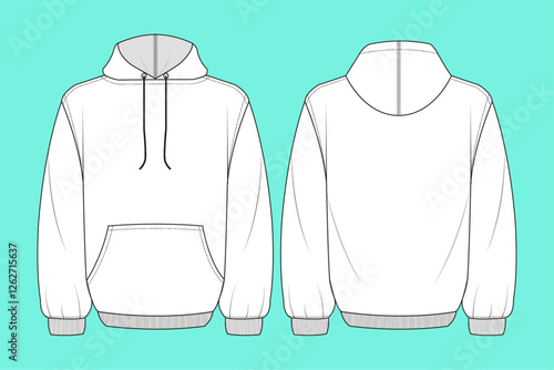 Hoodie black and white outline flat sketch template.