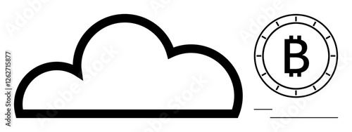 Cloud outline next to Bitcoin icon with minimal lines. Ideal for cloud storage, digital currency, cryptocurrency, blockchain, financial technology, digital wallets, and online transactions. Line