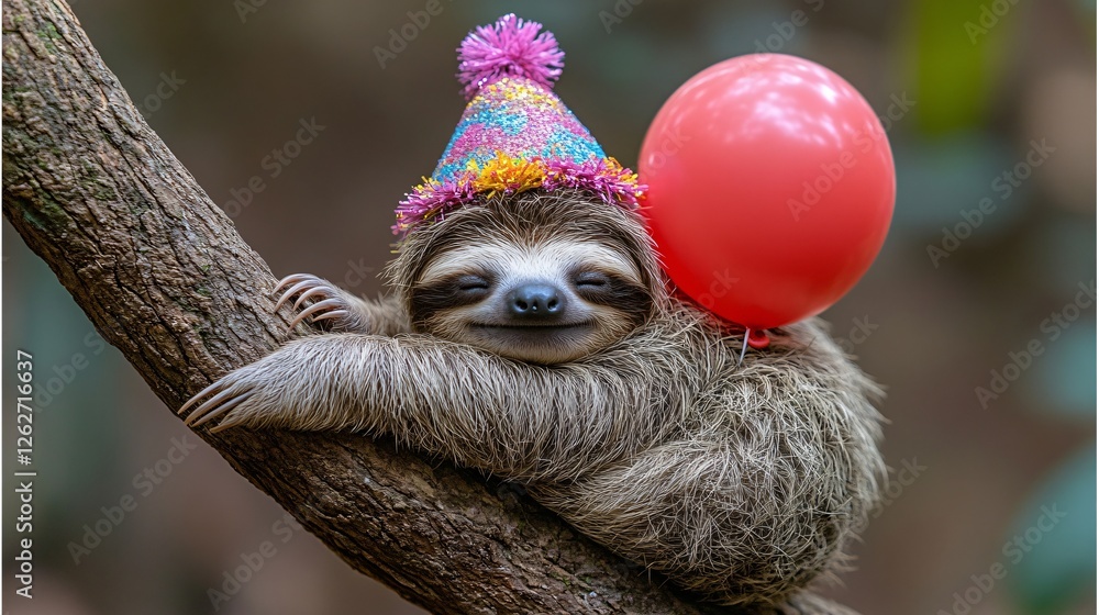 Fototapeta premium Silly and Joyful Sloth Wearing a Birthday Party Hat, Clutching a Balloon, and Dangling From a Tree Limb With a Playful and Happy Expression