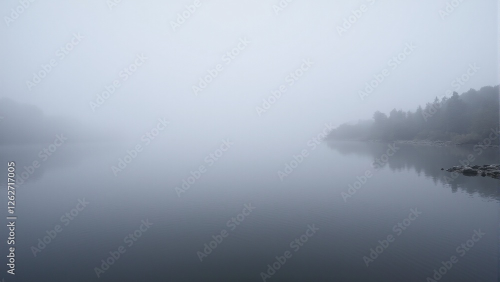 Serene lake shrouded in rolling fog evoking a mystical ambiance