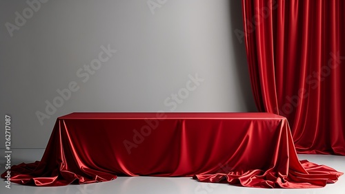 Red Satin Tablecloth Draped Over a Table Against a Gray Wall and Red Curtains