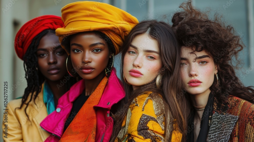 Fototapeta premium Portrait of Four Diverse Women in Colorful Fashion Headshots