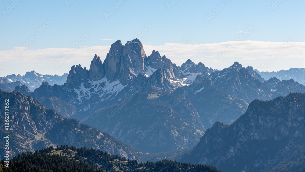Majestic mountain peaks at sunrise with dramatic ridges and valleys highlighted by gentle morning sunlight Majestic mountain peaks at sunrise with dramatic ridges and valleys highlighted by gentle morning sunlight