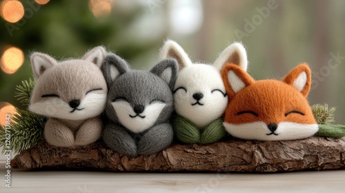 Fuzzy Friends: A group of four stuffed animals, each with a unique color and expression, huddle together on a wooden log. photo