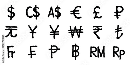 Hand drawn currency symbol set Dollar euro pound ruble yuan yen won rupee lira franc peseta baht ringgit rupiah