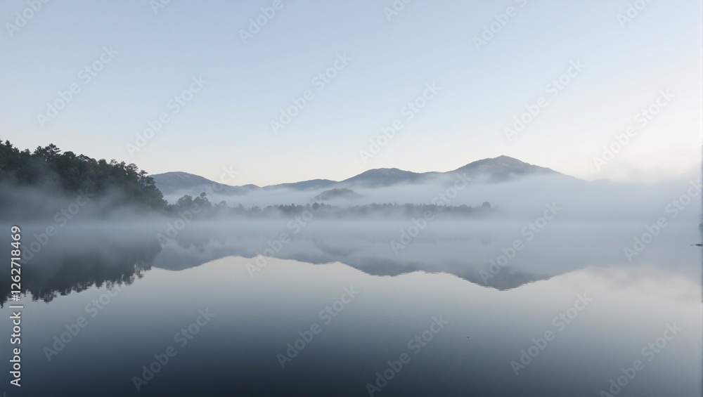 Mysterious mist shrouds a tranquil lake at dawn with mountains fading in the ethereal fog Mysterious mist shrouds a tranquil lake at dawn with mountains fading in the ethereal fog