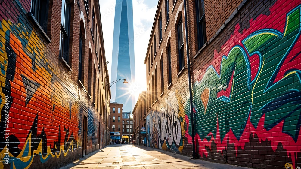 Fototapeta premium Urban Alleyway with Graffiti Art and Skyscraper Backdrop