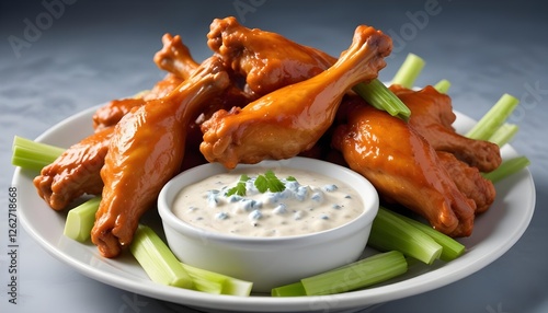 Spicy buffalo wings served with crunchy celery sticks and smooth blue cheese dip