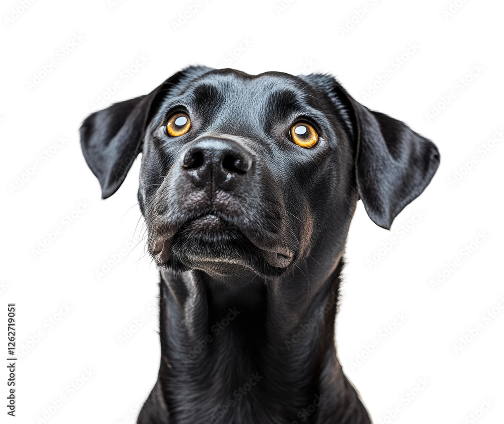 Curious black dog portrait isolated on transparent background - Generative AI Curious black dog portrait isolated on transparent background - Generative AI