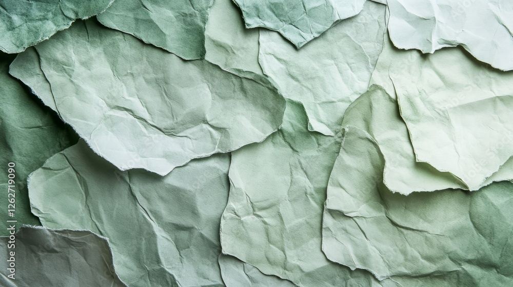 Fototapeta premium Crumpled pieces of green paper are layered across surface
