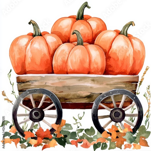 An isolated illustration of a cart loaded with orange pumpkins, embodying the spirit of autumn for Halloween photo