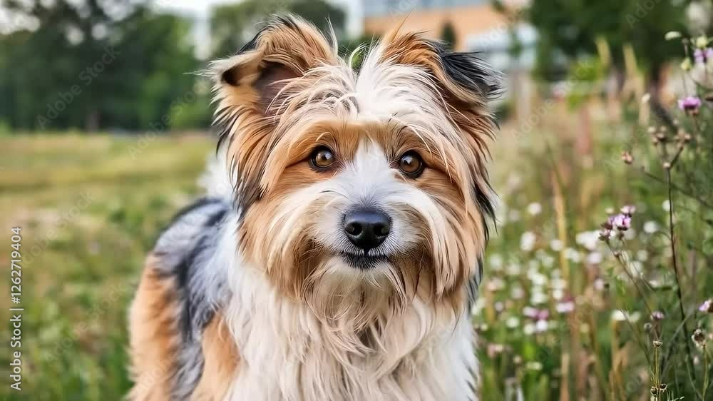 A cute, fluffy dog with its tongue out stands in a field of wildflowers A cute, fluffy dog with its tongue out stands in a field of wildflowers