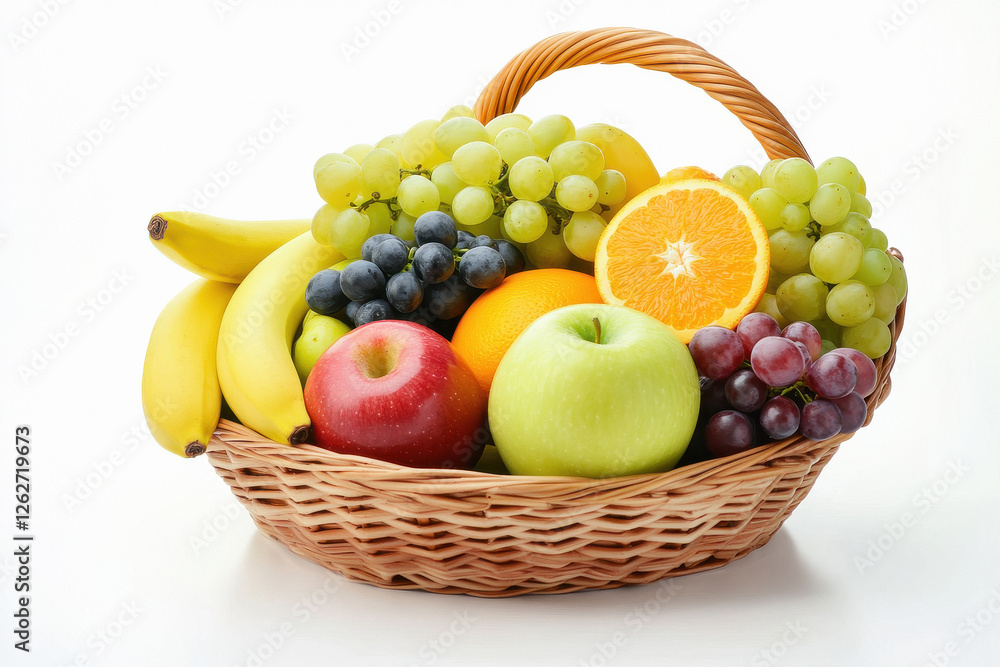 A basket of fresh fruits including apples, bananas and grapes on a wooden table. A basket of fresh fruits including apples, bananas and grapes on a wooden table.
