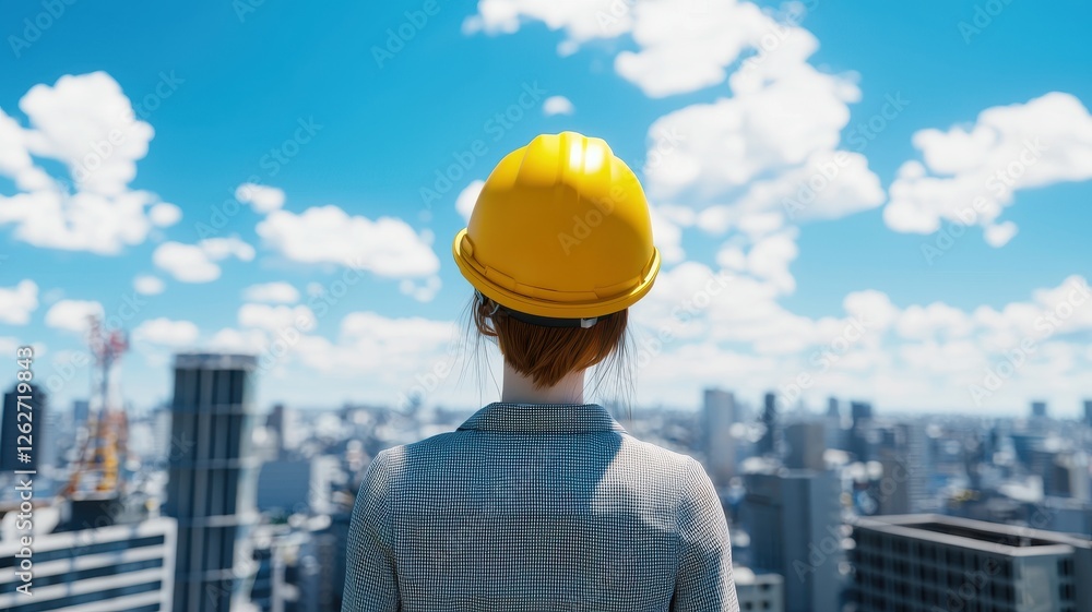 Female Engineer Overlooking Cityscape Construction Helmet Urban Development Sunny Day Female Engineer Overlooking Cityscape Construction Helmet Urban Development Sunny Day