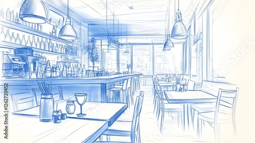 A blue drawing of a restaurant with a lot of food and drinks. Scene is casual and relaxed