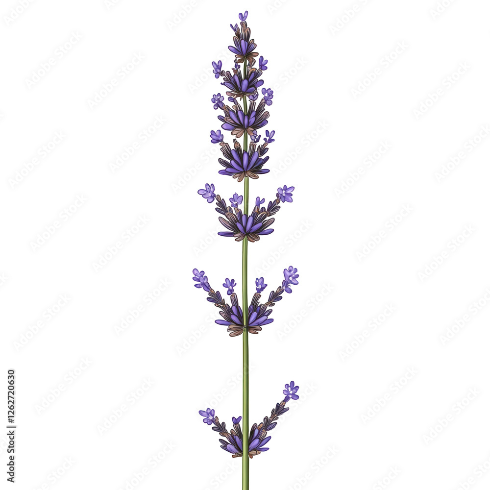 Naklejka premium A beautifully illustrated lavender sprig with detailed tiny blossoms and slender green stem, artistic digital drawing, centered layout, transparent background, PNG