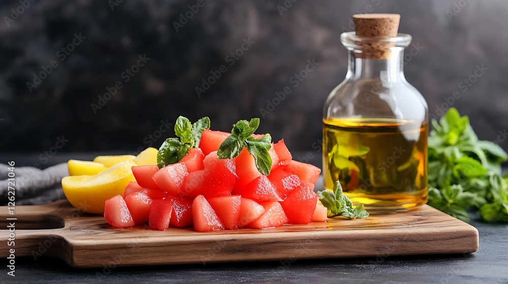 Fresh watermelon and lemon salad with olive oil kitchen counter culinary display bright setting Fresh watermelon and lemon salad with olive oil kitchen counter culinary display bright setting