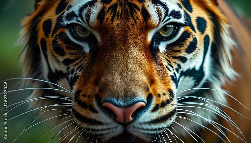 Fototapeta premium Tiger’s face in extreme close up, sharp whiskers and piercing eyes