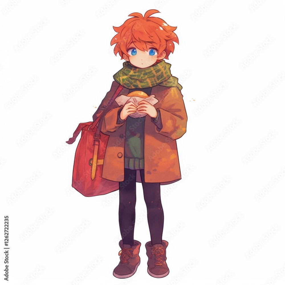 Cute Anime Boy Eating Sandwich Autumn Fashion Red Backpack Illustration Cute Anime Boy Eating Sandwich Autumn Fashion Red Backpack Illustration