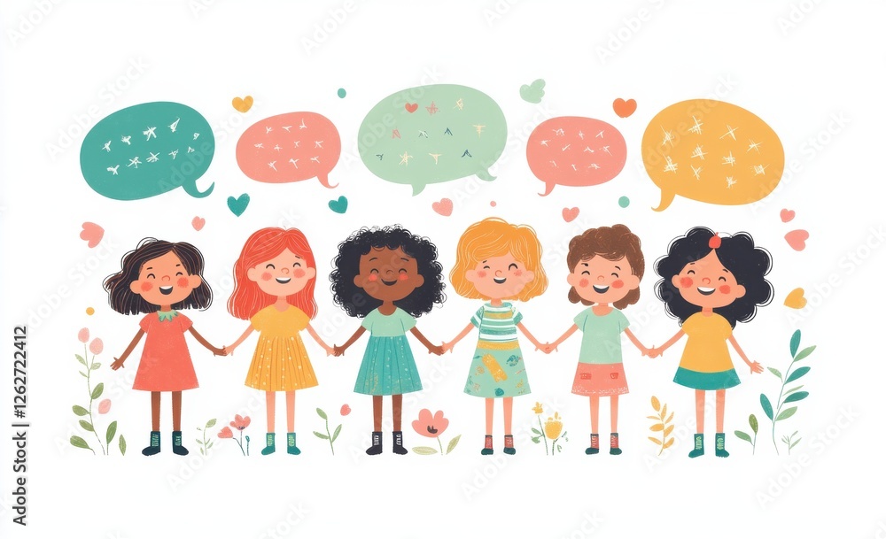 Fototapeta premium Illustration of Diverse Kids Holding Hands with Colorful Speech Balloons and Heart Motifs