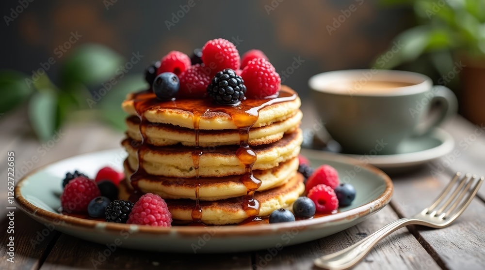 pancakes with berries and honey and coffee pancakes with berries and honey and coffee