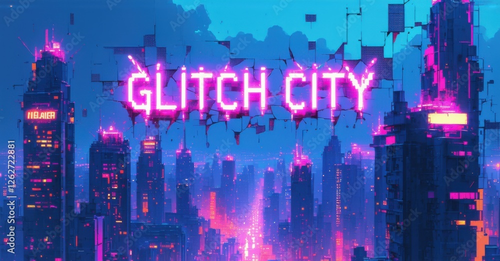 Fototapeta premium Futuristic cyberpunk cityscape with glitching neon text Glitch City, pixelated skyscrapers, digital distortion, and vibrant pink and blue lighting creating a dystopian atmosphere