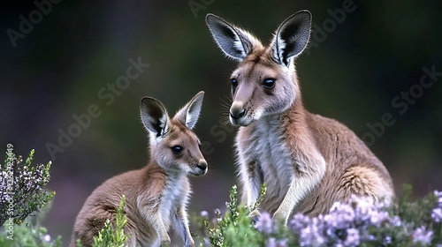 Kangaroo Mother and Joey in Flower Meadow Tender Moment in Australian Wilderness Fauna Portrait photo