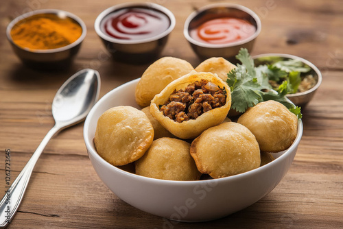 A bowl of traditional Indian deep-fried puri filled with spiced photo