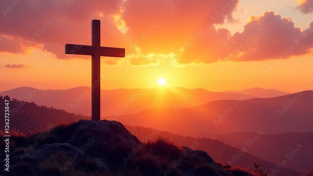 A wooden cross standing on a hilltop A wooden cross standing on a hilltop