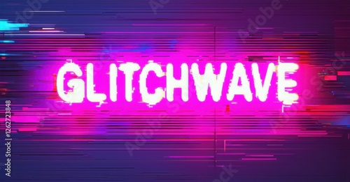 Glitchwave neon sign with digital distortion and pixel artifacts. Vibrant pink and purple cyberpunk aesthetic with horizontal scan lines, futuristic glitch effect, and flickering glow photo