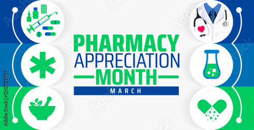 Pharmacy Appreciation Month background banner or poster design template. observed every year in March. Holiday concept. Use to any Template, card, poster, placard, template.