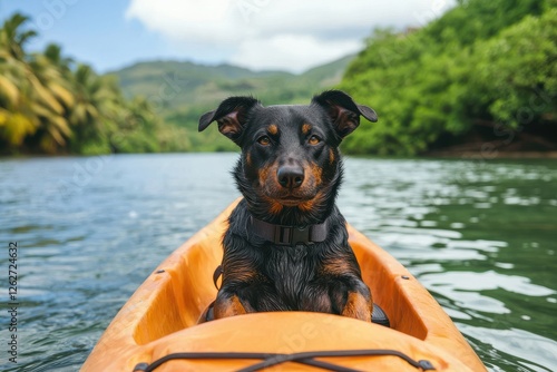 A dog sits confidently in a kayak on a serene river surrounded by lush greenery and mountains.