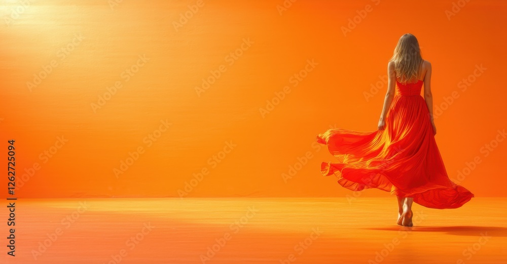 Pursue Your Passion concept with a woman in a flowing red dress walking against a vibrant orange background. Elegant movement, confidence, and determination captured in motion Pursue Your Passion concept with a woman in a flowing red dress walking against a vibrant orange background. Elegant movement, confidence, and determination captured in motion