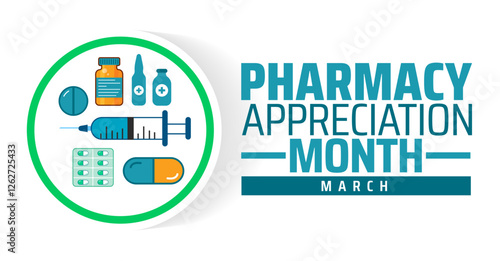 Pharmacy Appreciation Month background banner or poster design template. observed every year in March. Holiday concept. Use to any Template, card, poster, placard, template.
