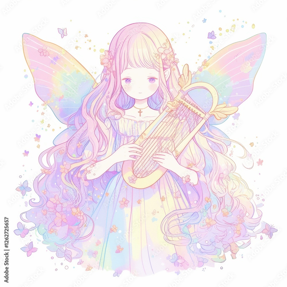 Pastel Fairy Girl with Wings Playing a Lyre in a Flowery Dreamland Illustration Pastel Fairy Girl with Wings Playing a Lyre in a Flowery Dreamland Illustration