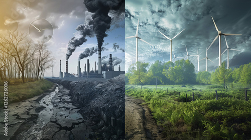 Poster for World Earth Day, clean field and polluted