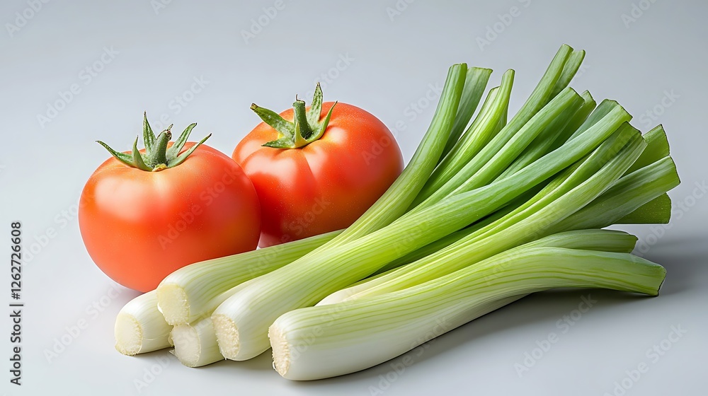 Bright kitchen counter food photography fresh tomatoes and green onions for healthy meals Bright kitchen counter food photography fresh tomatoes and green onions for healthy meals