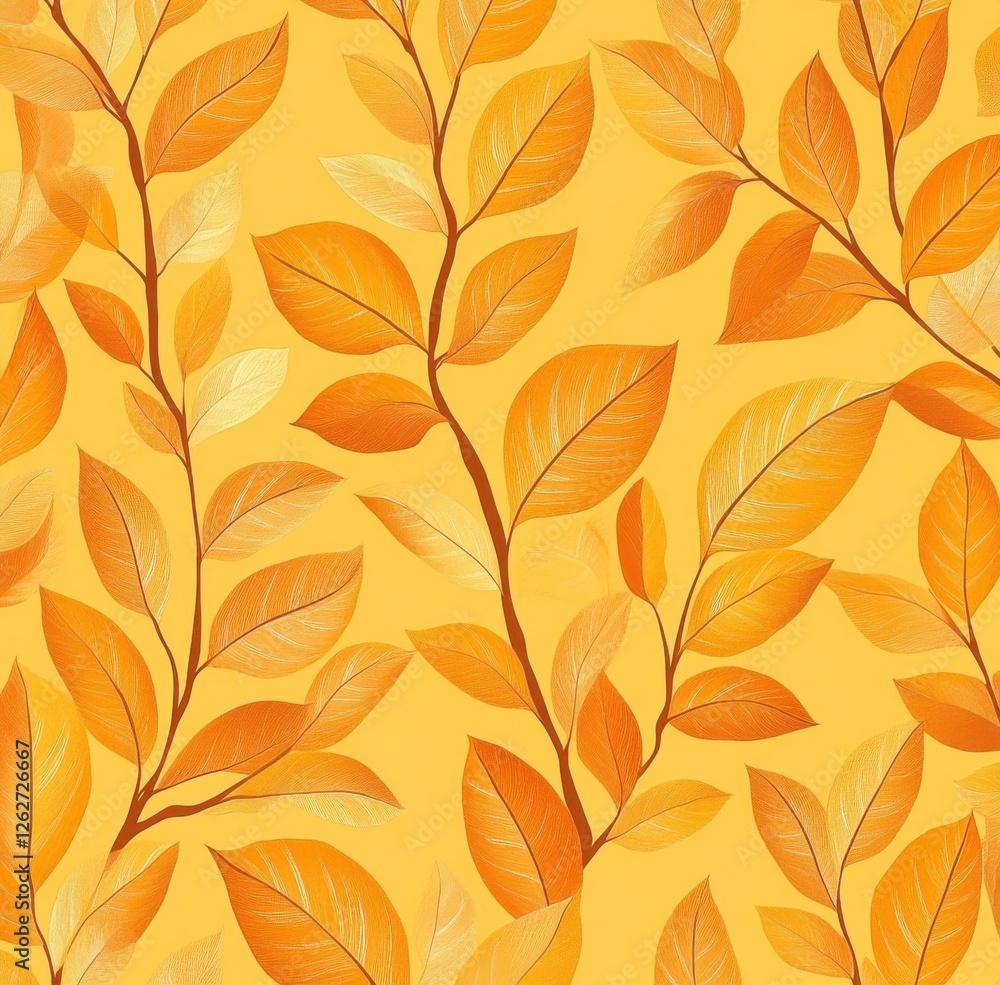 Vibrant botanical autumn-inspired pattern with textured orange leaves on orange background Vibrant botanical autumn-inspired pattern with textured orange leaves on orange background