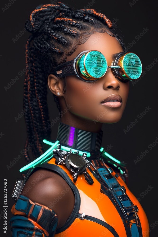 Obraz premium A glamorous fashion portrait features a seductive woman with futuristic sunglasses and advanced plastic clothes, set against a dark black background