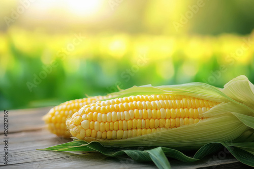 A close up of fresh yellow corn on the cob with green leaves