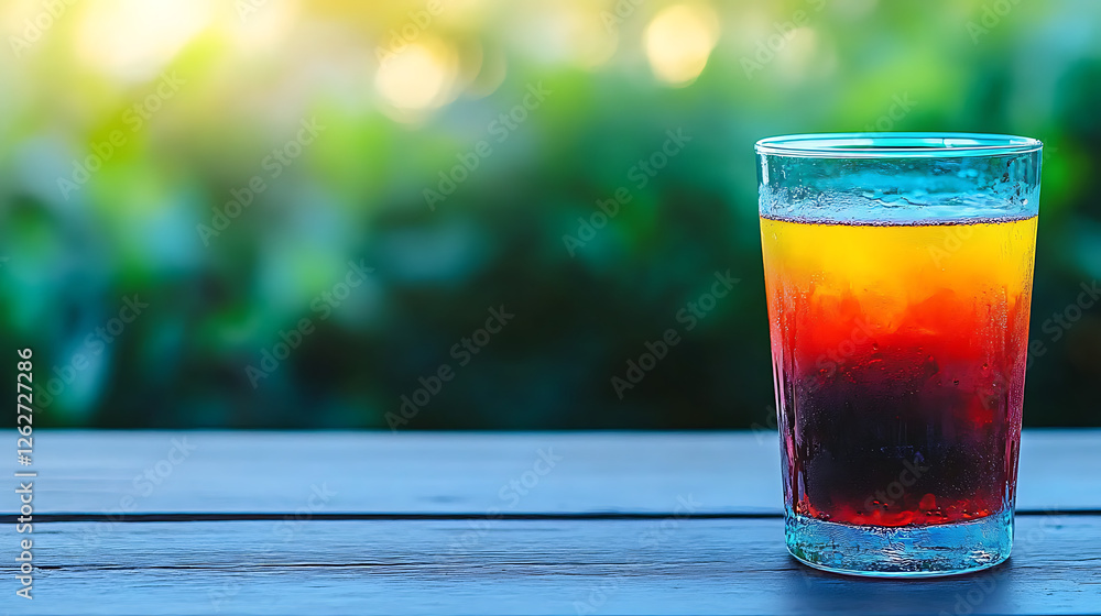 Layered Cocktail Delight on Wood Surface with Blurred Greenery Backdrop Creates Relaxed Atmosphere Layered Cocktail Delight on Wood Surface with Blurred Greenery Backdrop Creates Relaxed Atmosphere