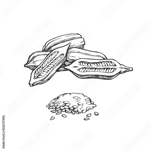 Vector hand-drawn illustration of sesame capsules with seeds. Black and white sketch of plant details.
