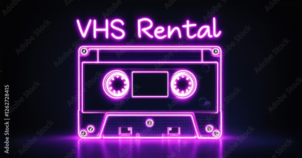 Fototapeta premium Glowing neon sign displaying VHS Rental in bold vibrant purple letters, mounted on a dark background, evoking nostalgia for retro video stores and classic home entertainment