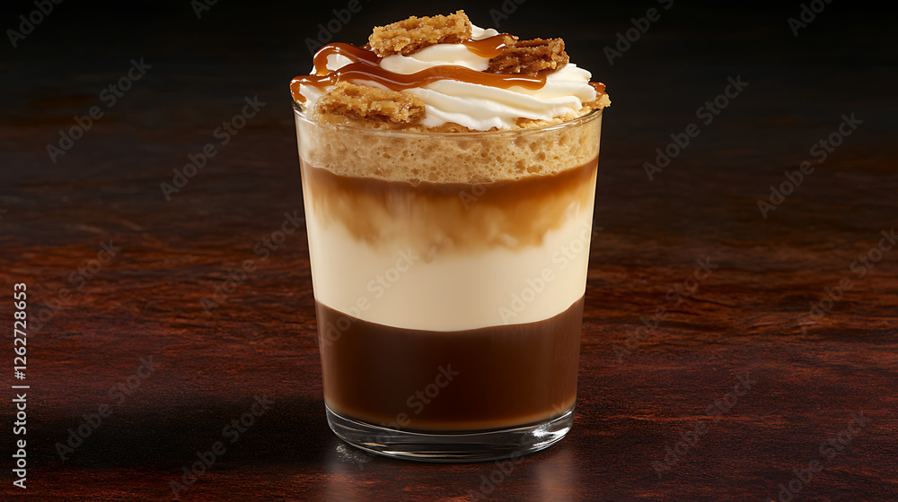 Layered Dessert Delight with Whipped Topping and Caramel Drizzle on Dark Wood Surface Layered Dessert Delight with Whipped Topping and Caramel Drizzle on Dark Wood Surface