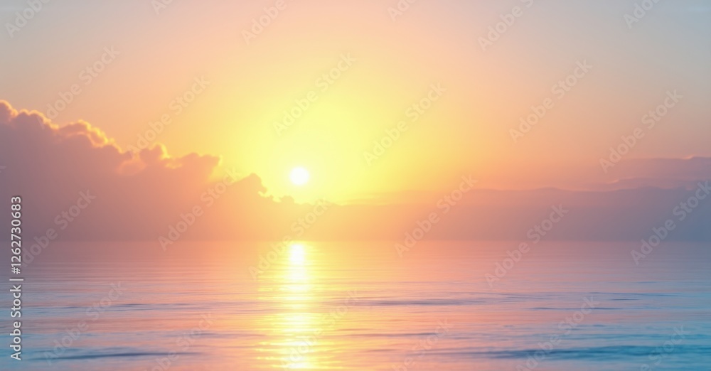 Fototapeta premium Step by Step golden sunrise over a tranquil ocean reflecting soft warm light. Gentle waves ripple under a pastel sky blending orange, pink, and blue hues in peaceful scenery