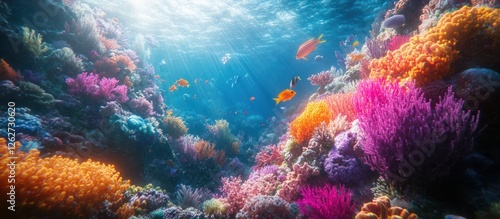 Vibrant coral reef, ocean sunlight, fish photo