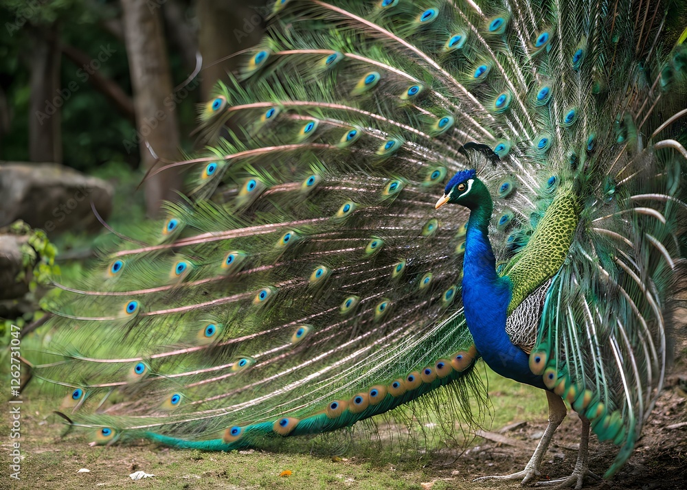 Fototapeta premium A striking peacock showcases its colorful plumage in a verdant garden while sunlight filters through the trees. The vivid hues mesmerize onlookers, creating a captivating sight.