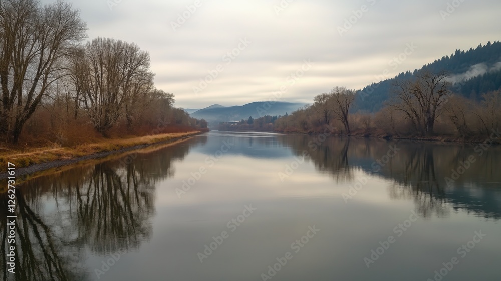 Fototapeta premium Oregon River Photography: Smooth, reflective and tranquil waters mirror the serene beauty of a lush riverside retreat in perfect harmony.