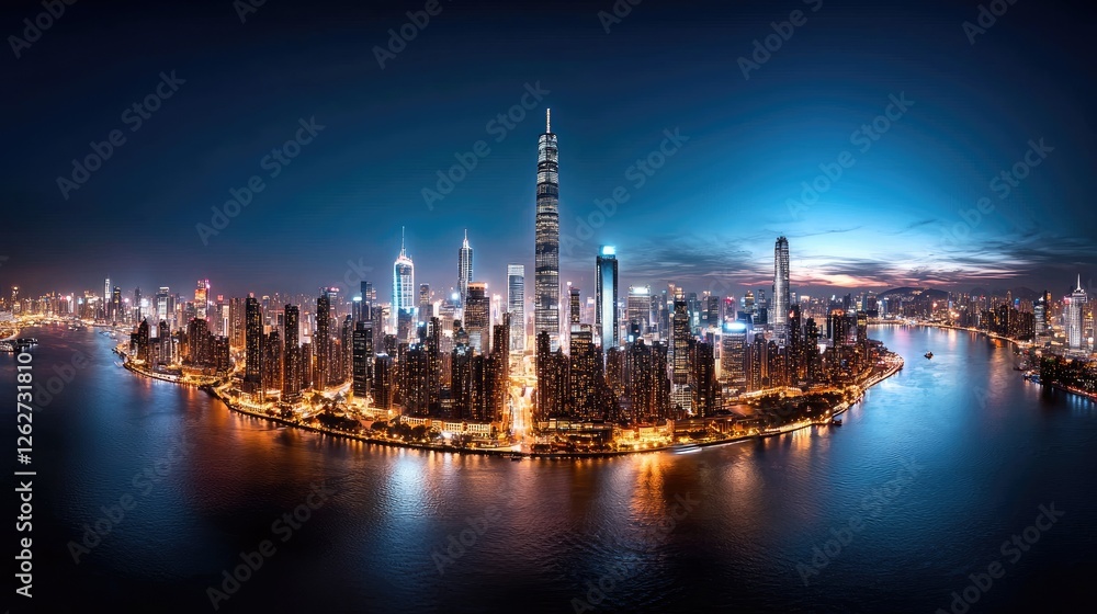 Fototapeta premium Aerial night view of illuminated city island. Possible use stock photo